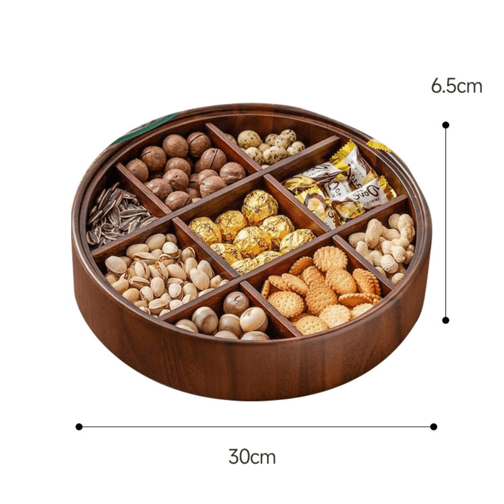BambooSpin – 9-Compartment Serving Tray with Rotating Lid | Premium Bamboo Snack Platter