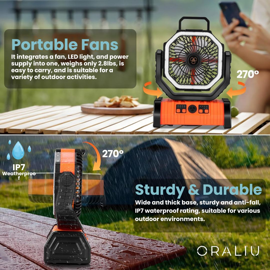 3-in-1 Camping Fan with LED Light & 20000mAh Power Bank – USB Rechargeable & Wireless