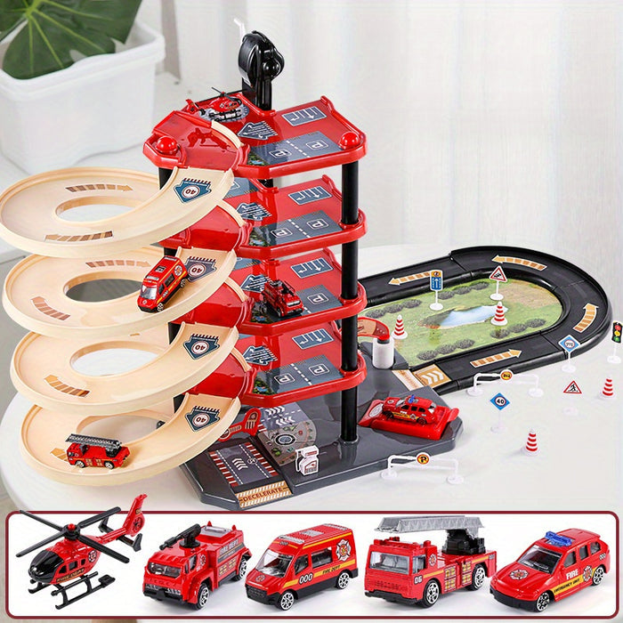 FirePark Garage Playset – Multi-Level Fire Station with Fire Trucks & Traffic Signs for Adventurous Kids
