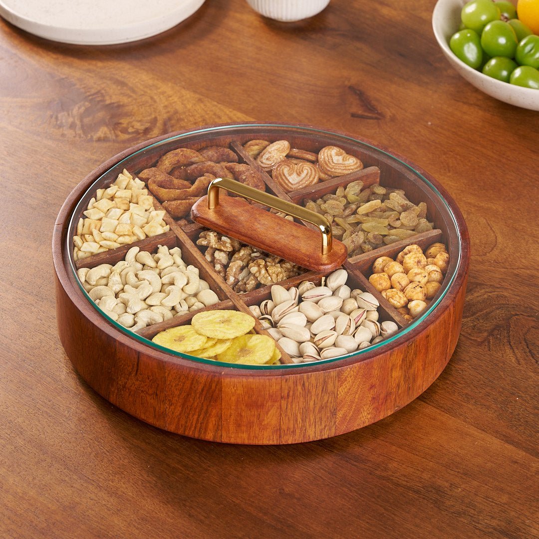 BambooSpin – 9-Compartment Serving Tray with Rotating Lid | Premium Bamboo Snack Platter