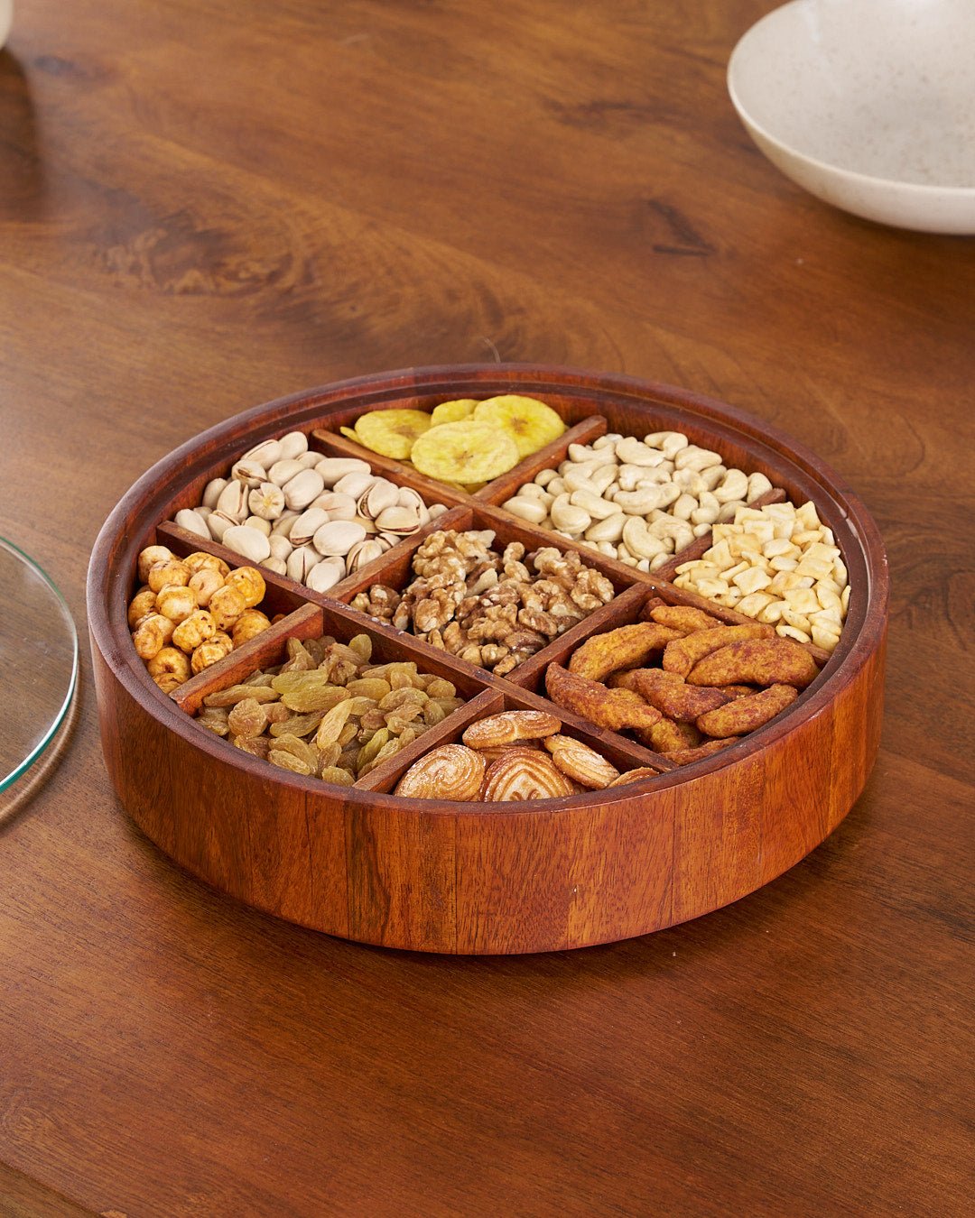 BambooSpin – 9-Compartment Serving Tray with Rotating Lid | Premium Bamboo Snack Platter