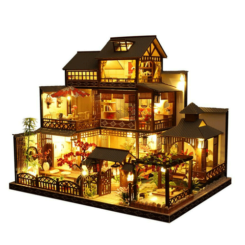 Large Realistic Wooden Dollhouse with LED Lights | DIY Miniature Playhouse