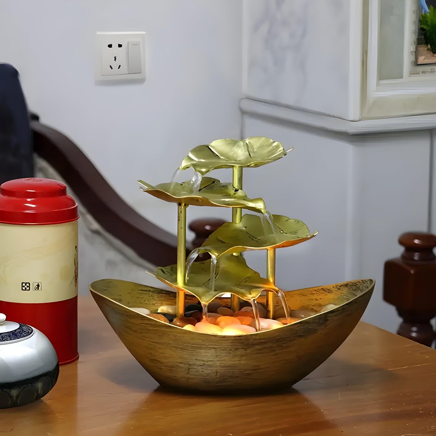 IronLeaf Fountain – Vintage Iron Leaf Tabletop Fountain with LED Light for Home & Office Decor
