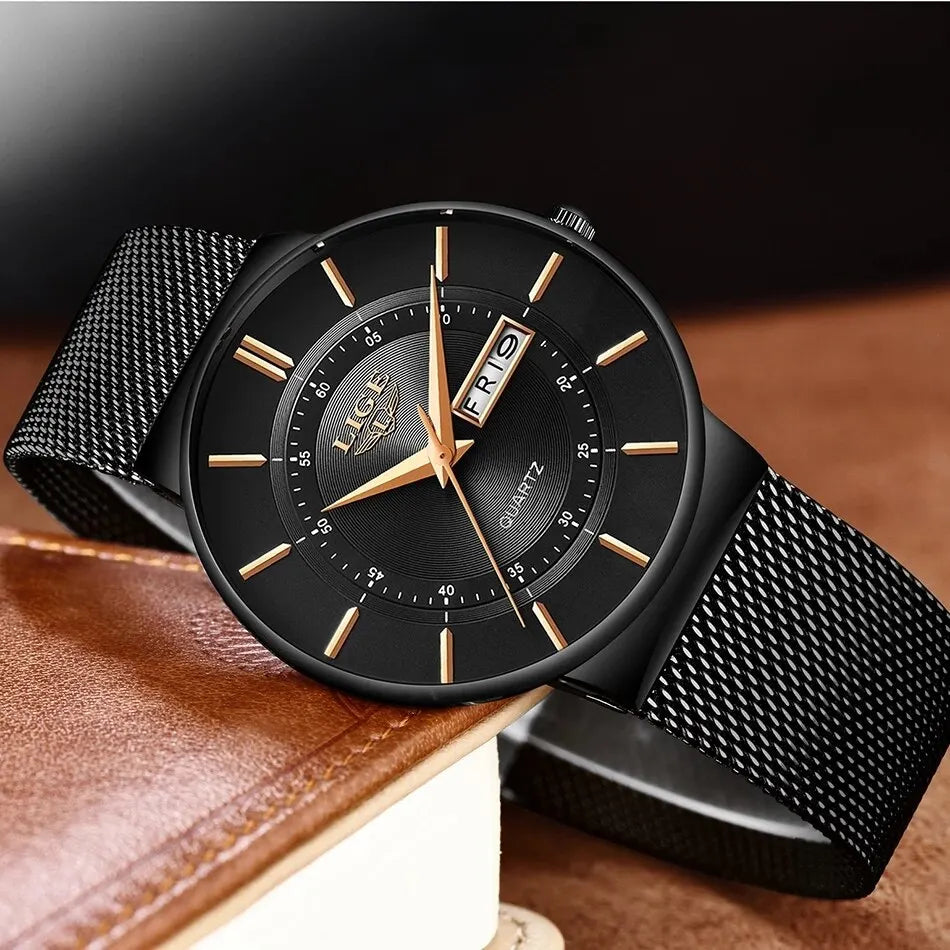 Luxury Men’s Ultra-Thin Waterproof Stainless Steel Quartz Watch – Elegant Date Display Sports Wristwatch