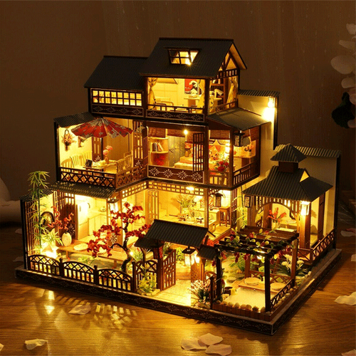 Large Realistic Wooden Dollhouse with LED Lights | DIY Miniature Playhouse