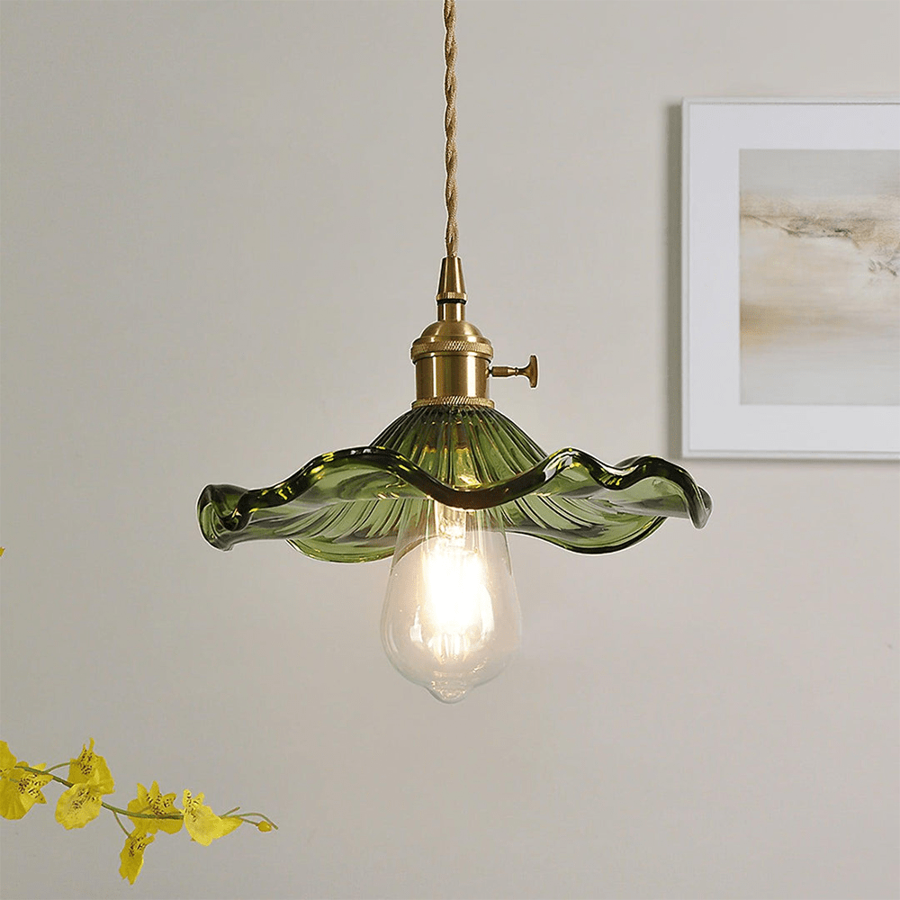 Elegant Hibiscus Flower Pendant Light – Glass & Brass Hanging Lamp