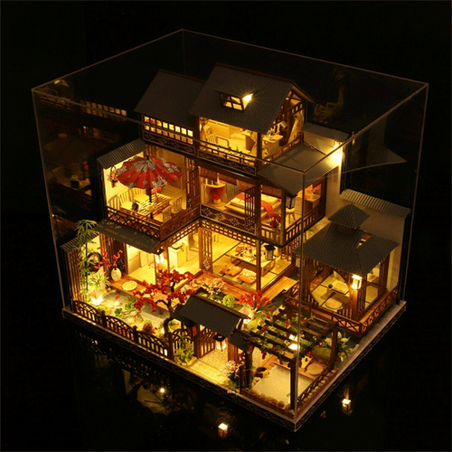 Large Realistic Wooden Dollhouse with LED Lights | DIY Miniature Playhouse