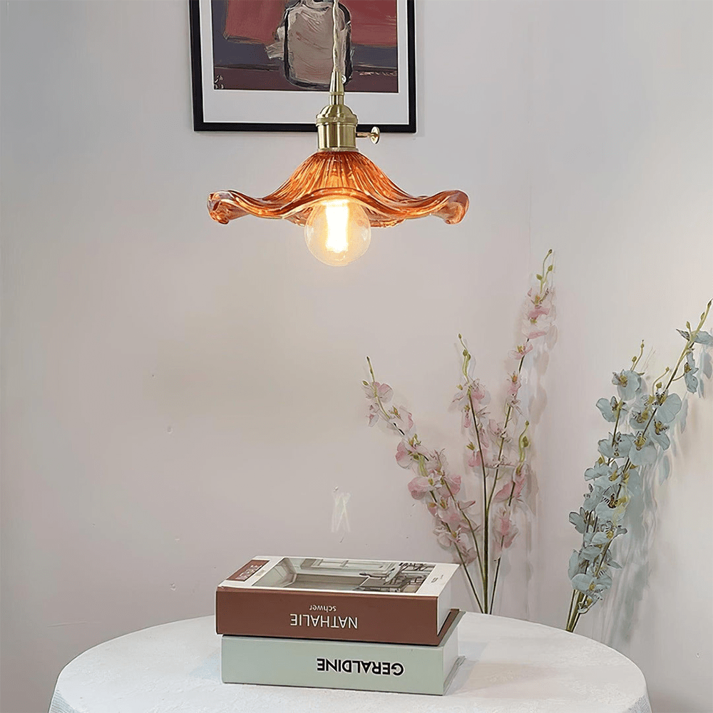 Elegant Hibiscus Flower Pendant Light – Glass & Brass Hanging Lamp