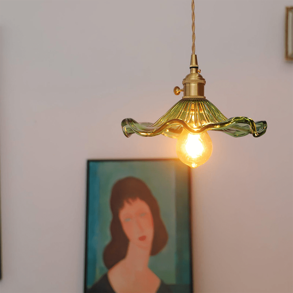 Elegant Hibiscus Flower Pendant Light – Glass & Brass Hanging Lamp