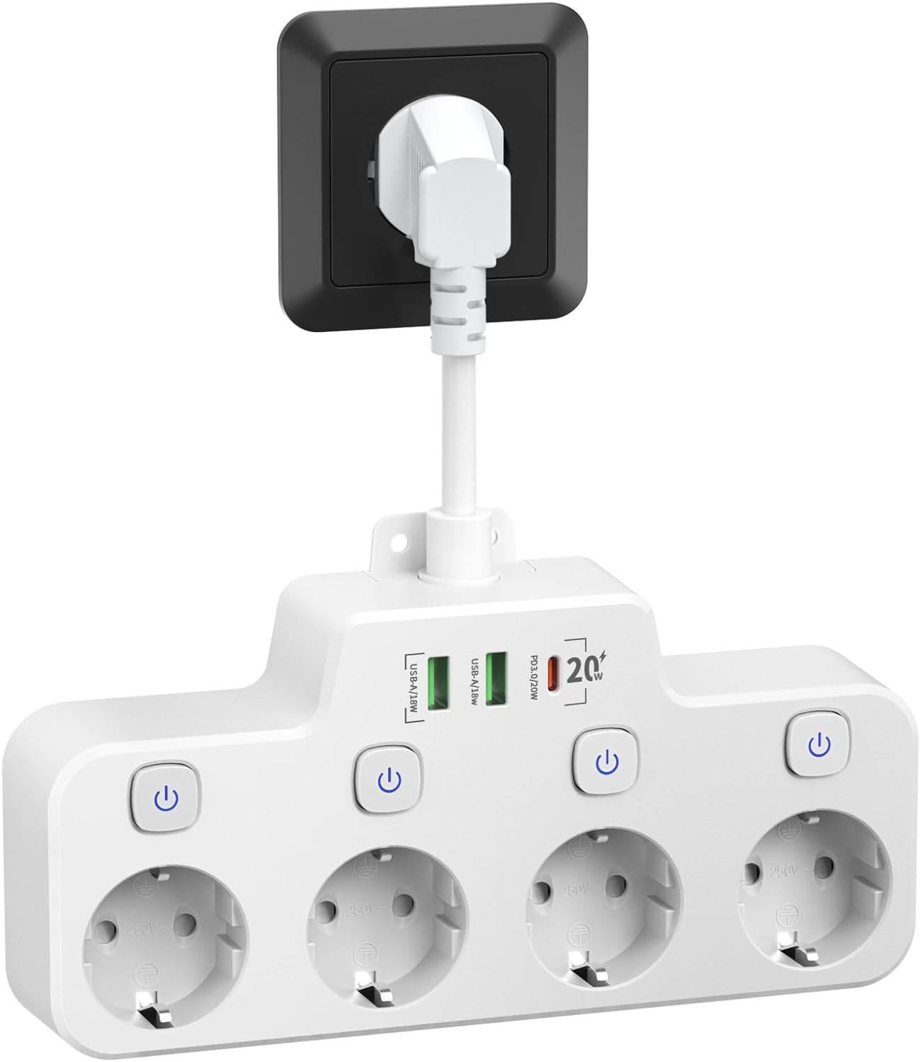 Swivel Wall-Mounted Power Strip with Independent Switches – 3 Outlets + 2 USB-A + 1 USB-C Ports