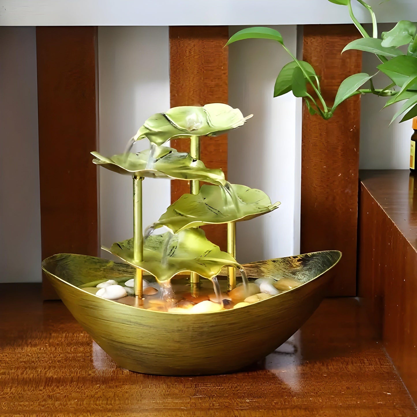 IronLeaf Fountain – Vintage Iron Leaf Tabletop Fountain with LED Light for Home & Office Decor