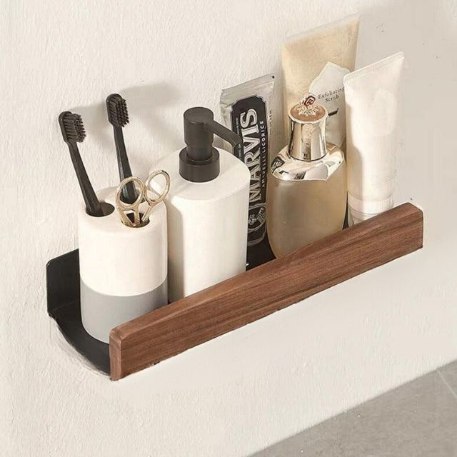 Solid Wood Bathroom Shelf – No-Drill Wall Mounted Bathroom Organiser