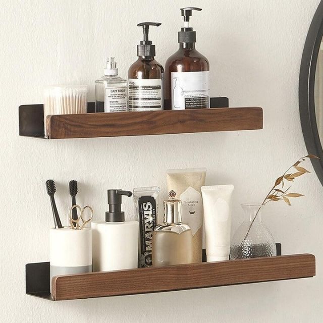 Solid Wood Bathroom Shelf – No-Drill Wall Mounted Bathroom Organiser