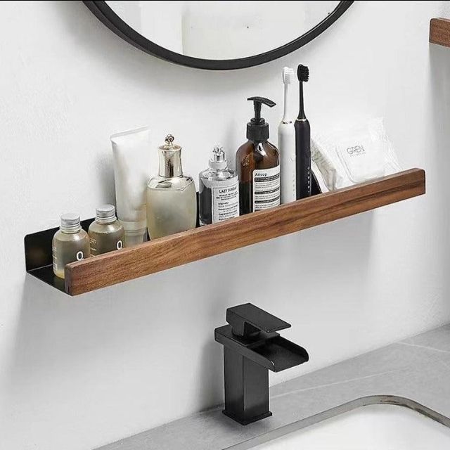 Solid Wood Bathroom Shelf – No-Drill Wall Mounted Bathroom Organiser