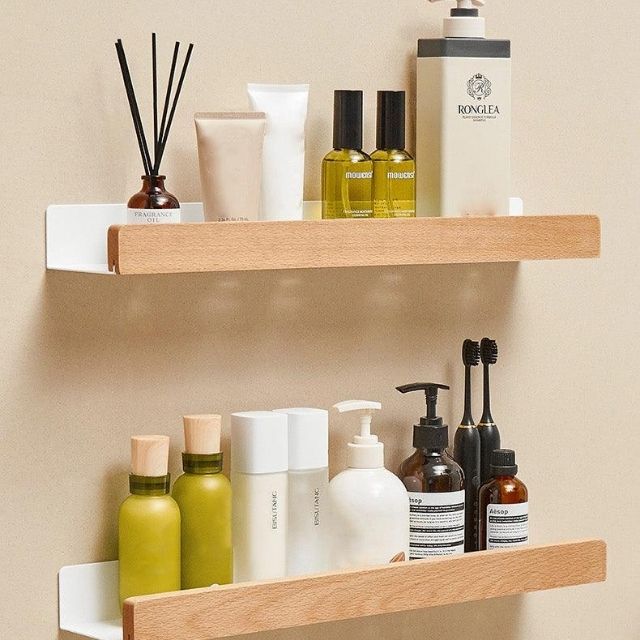 Solid Wood Bathroom Shelf – No-Drill Wall Mounted Bathroom Organiser