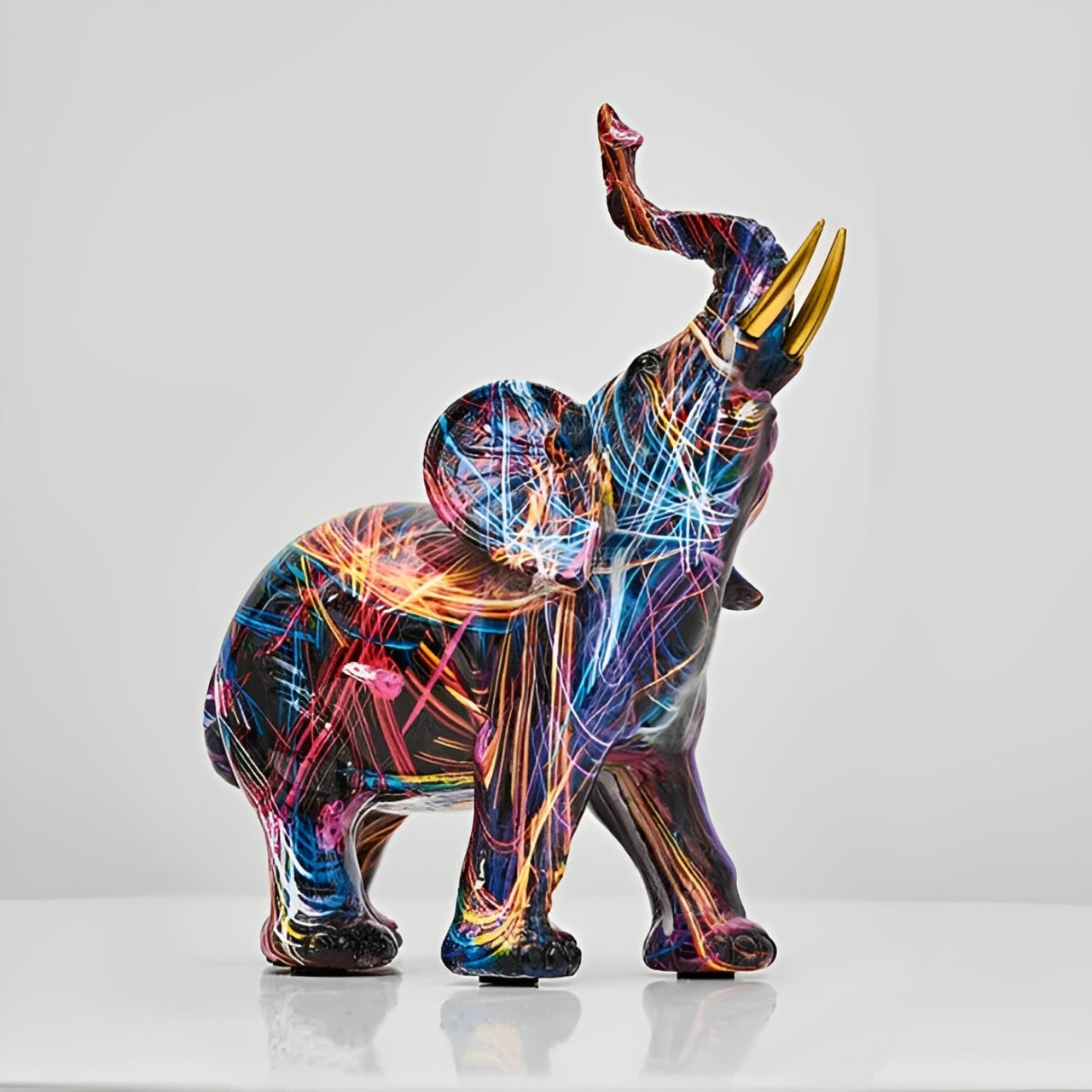 Abstract Elephant Statue – Colourful African Design with Raised Trunk for Good Luck