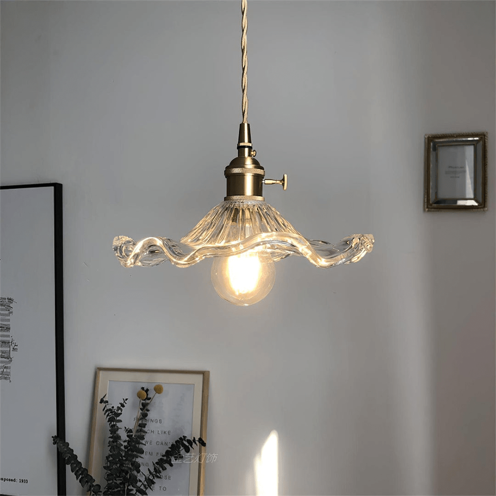 Elegant Hibiscus Flower Pendant Light – Glass & Brass Hanging Lamp
