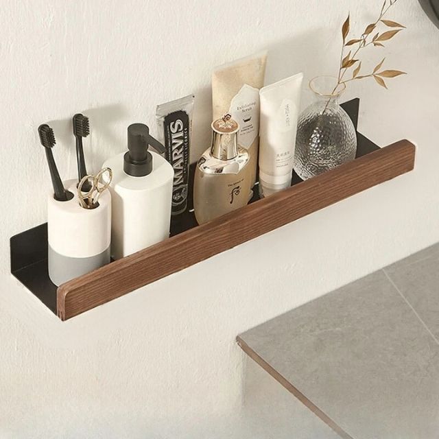 Solid Wood Bathroom Shelf – No-Drill Wall Mounted Bathroom Organiser