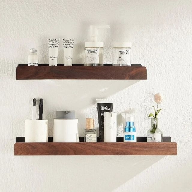 Solid Wood Bathroom Shelf – No-Drill Wall Mounted Bathroom Organiser