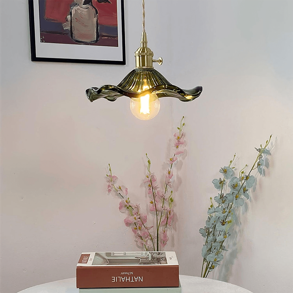 Elegant Hibiscus Flower Pendant Light – Glass & Brass Hanging Lamp