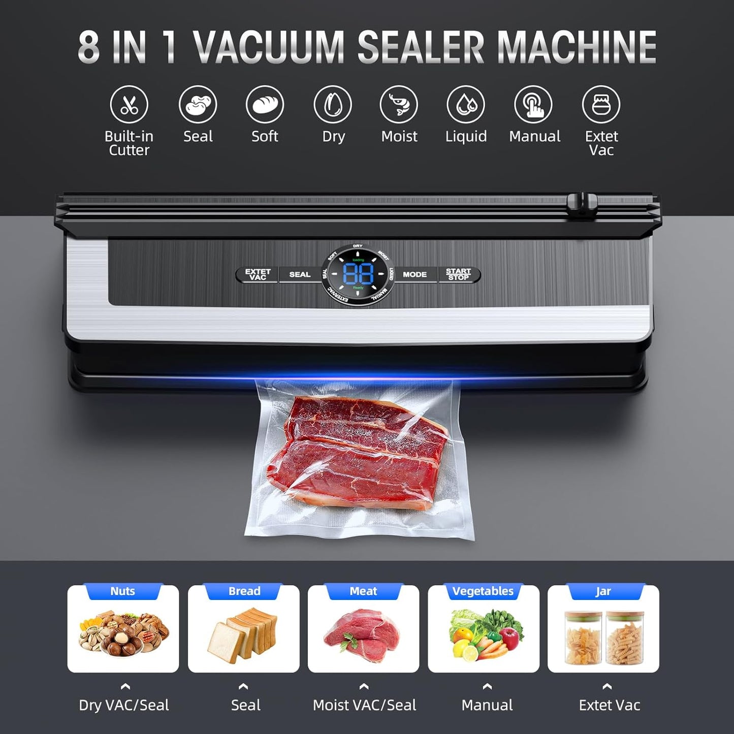 8-in-1 Vacuum Sealer with Built-In Cutter | Food Saver Machine for Dry & Moist Foods