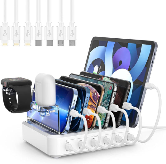 6-Port Multiple Device Fast Charging Station Organizer with Smart IC & Cable Set