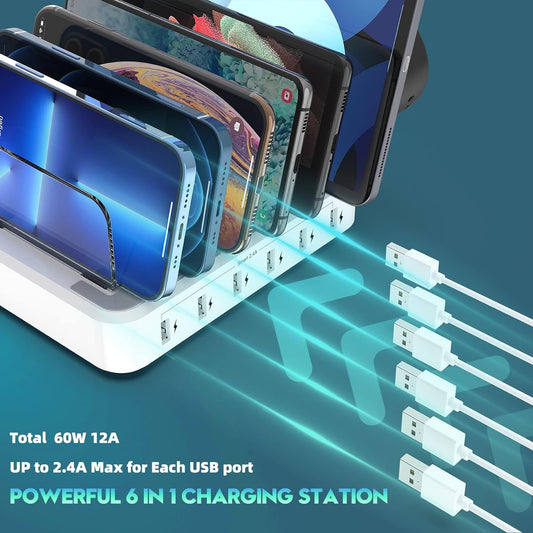 6-Port Multiple Device Fast Charging Station Organizer with Smart IC & Cable Set