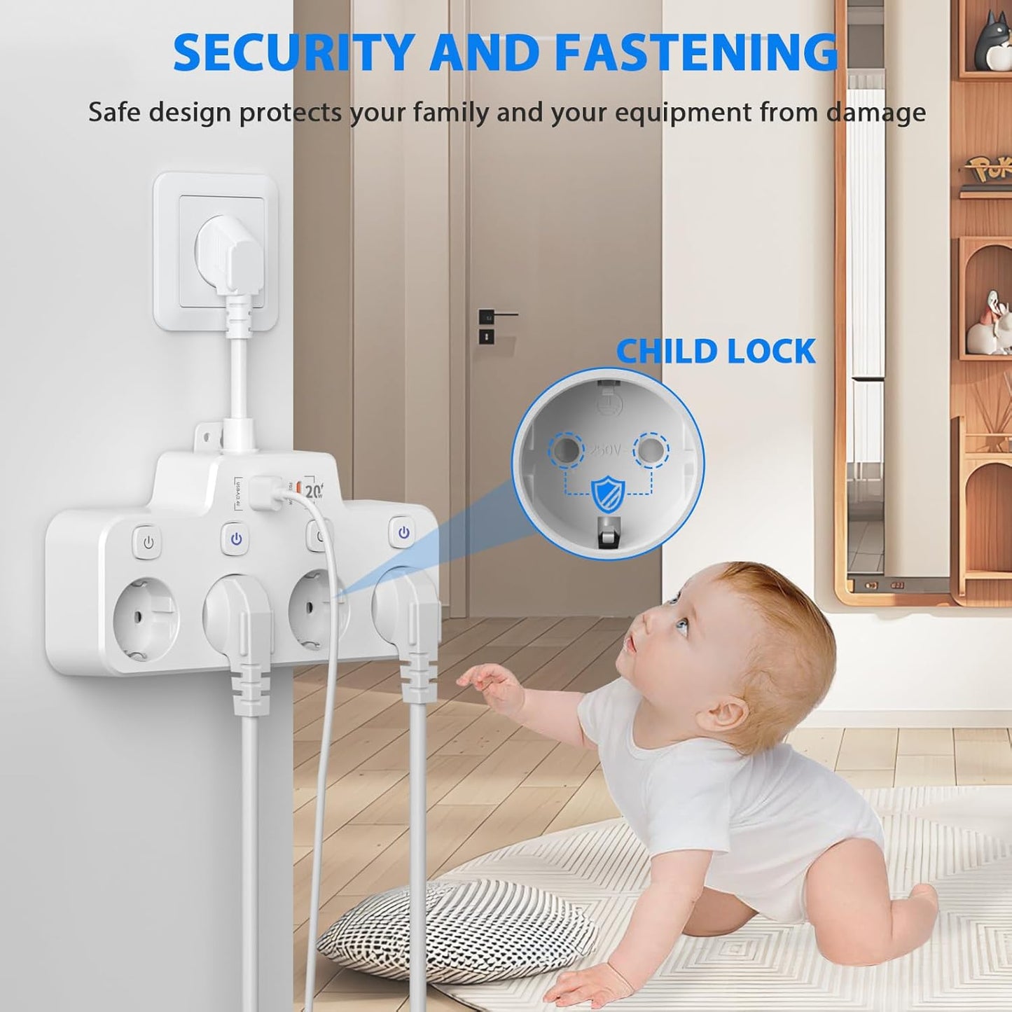 Swivel Wall-Mounted Power Strip with Independent Switches – 3 Outlets + 2 USB-A + 1 USB-C Ports