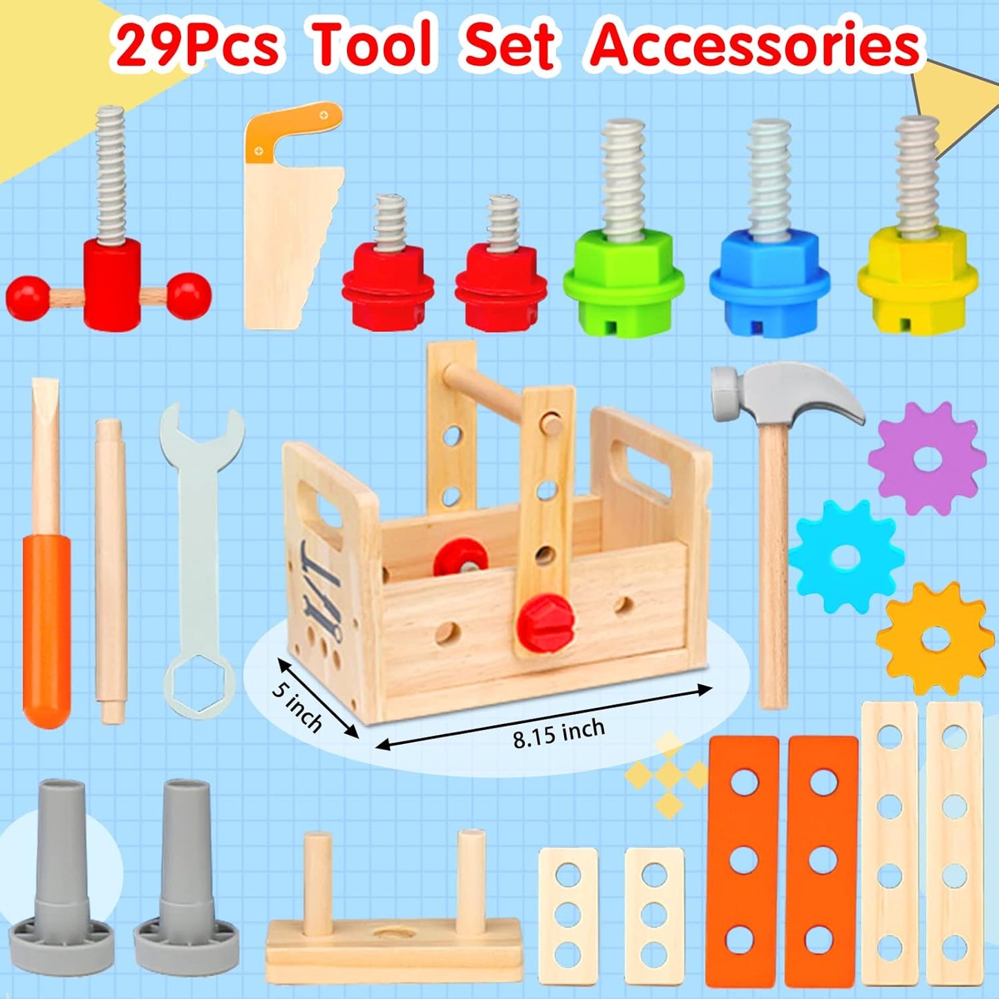 29-Piece Wooden Tool Box Set | Montessori STEM Educational Construction Toy for Kids Aged 2 to 6