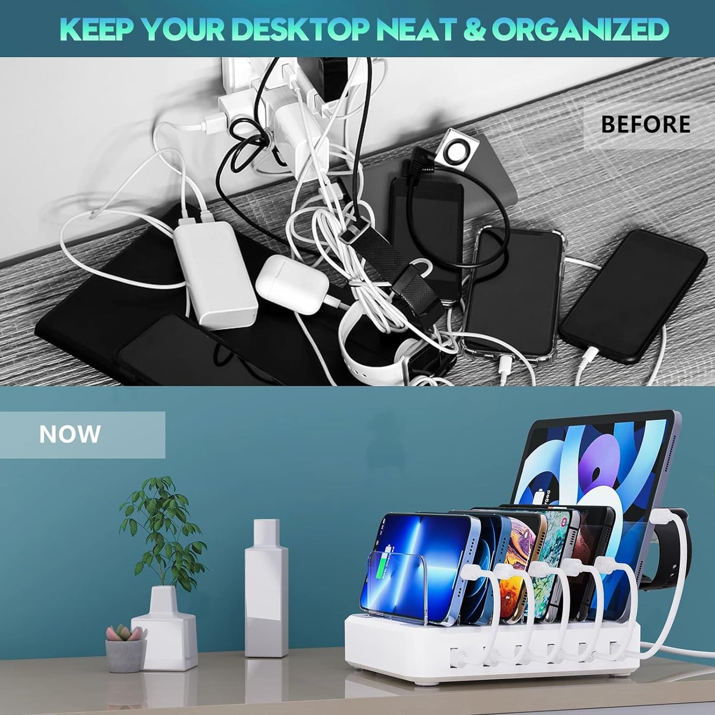 6-Port Multiple Device Fast Charging Station Organizer with Smart IC & Cable Set