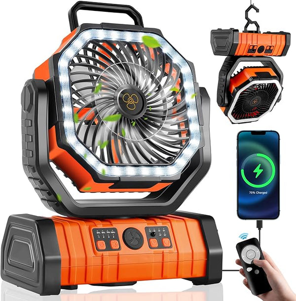3-in-1 Camping Fan with LED Light & 20000mAh Power Bank – USB Rechargeable & Wireless