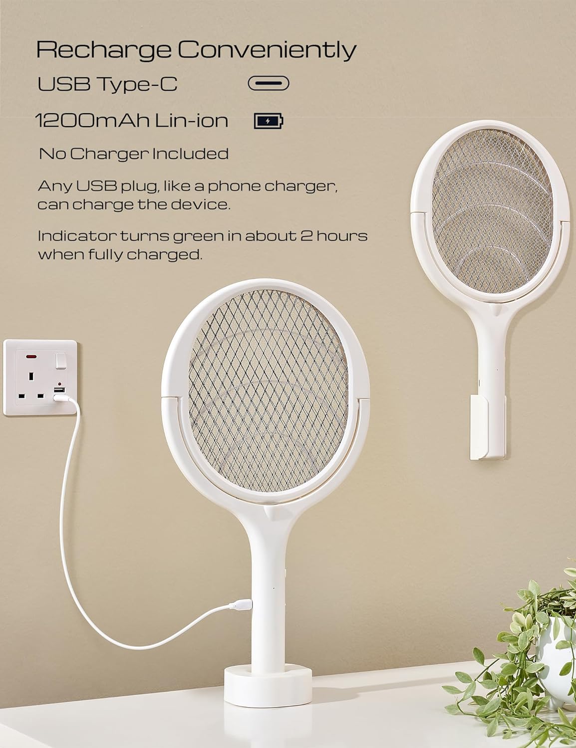 Rechargeable Electric Fly Swatter with Flexible 90° Rotating Head – High-Voltage Mosquito & Insect Zapper