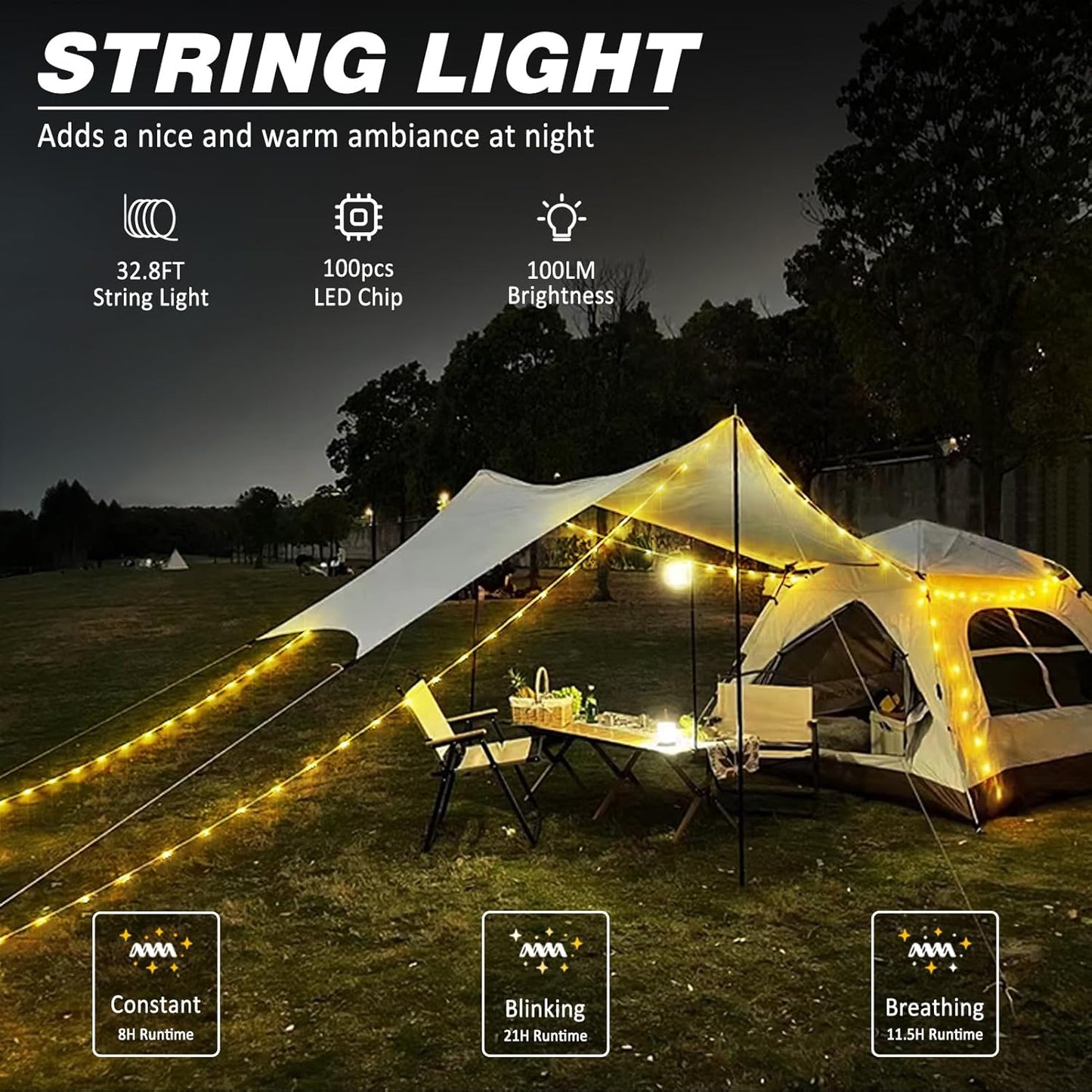 Portable LED Camping String Light – USB Rechargeable Waterproof Fairy Lights for Outdoor & Indoor Use (10m)