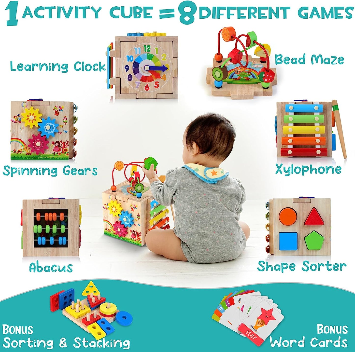 EduCube 8-in-1 – Montessori Wooden Learning Toy for Toddlers (18+ Months)