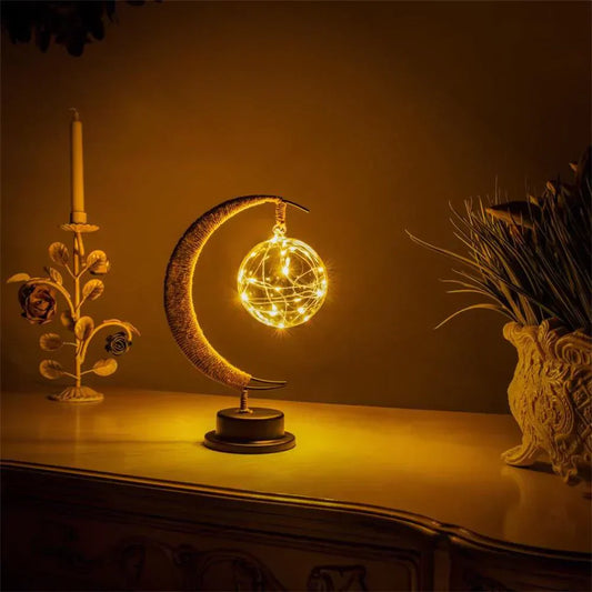 LunaGlow | Luxury Crescent Moon Rattan Table Lamp – Handcrafted Boho Light