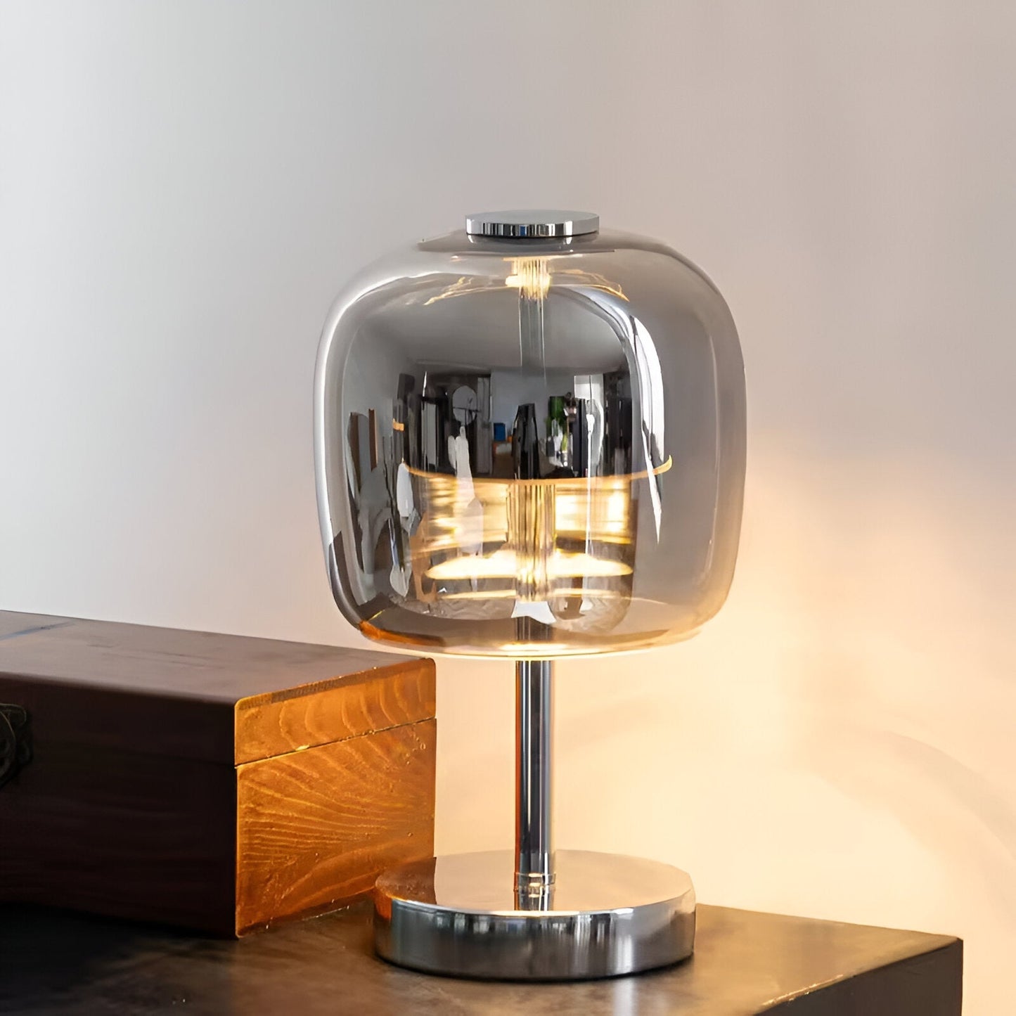Gleam Glass Table Lamp – Smoky Grey USB-Powered Dimmable LED Light for Bedroom & Desk