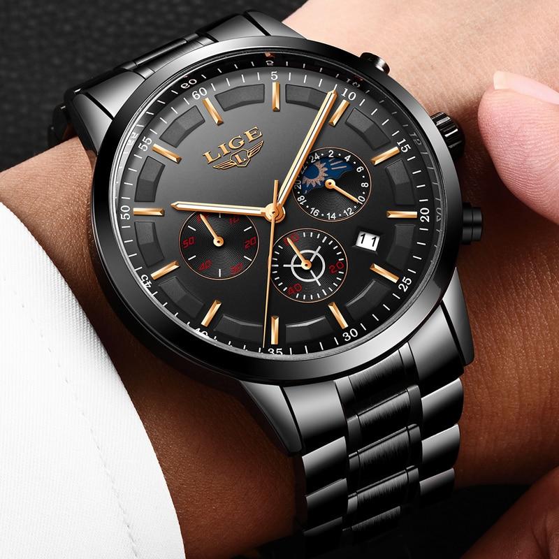 Military Black Steel Watch – Men's Stainless Steel Wristwatch with Day, Date & Night Display