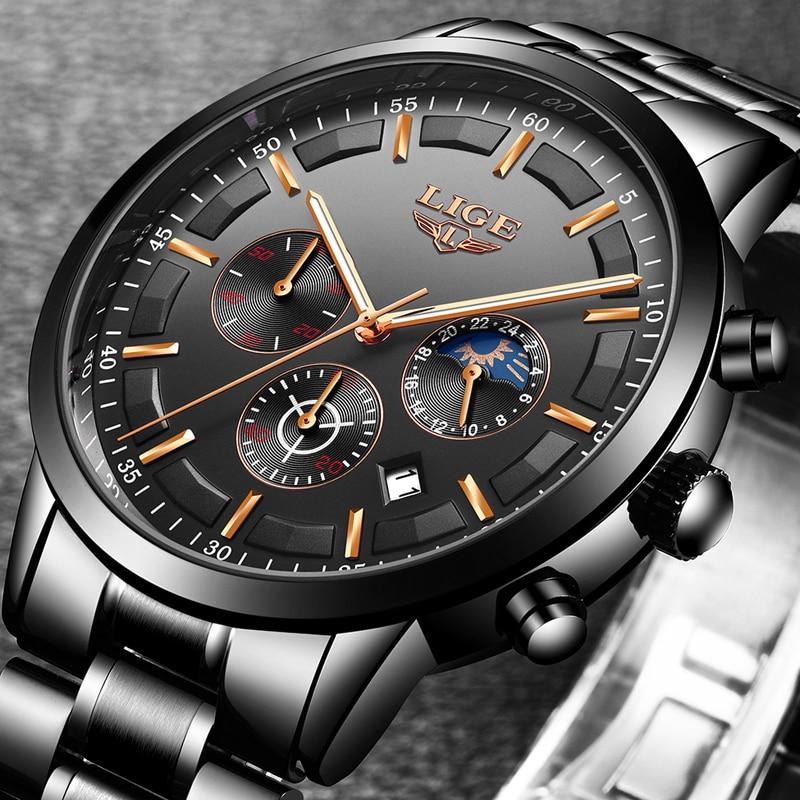 Military Black Steel Watch – Men's Stainless Steel Wristwatch with Day, Date & Night Display