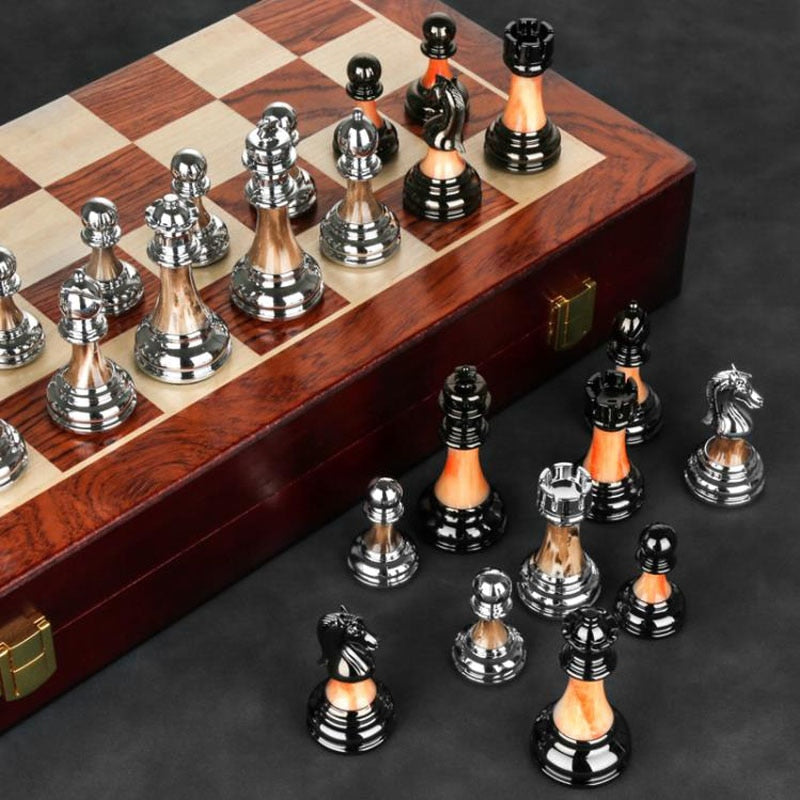 Luxury Metal Chess Set with 45cm Wooden Board – Premium Decorative Game Set
