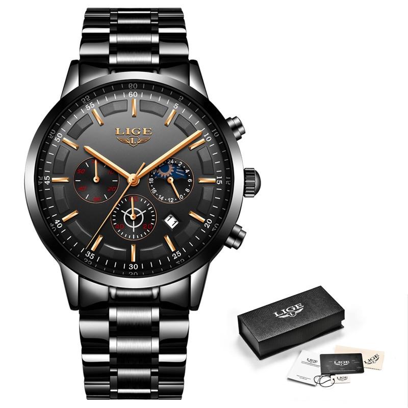 Military Black Steel Watch – Men's Stainless Steel Wristwatch with Day, Date & Night Display