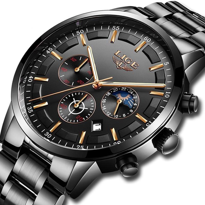 Military Black Steel Watch – Men's Stainless Steel Wristwatch with Day, Date & Night Display