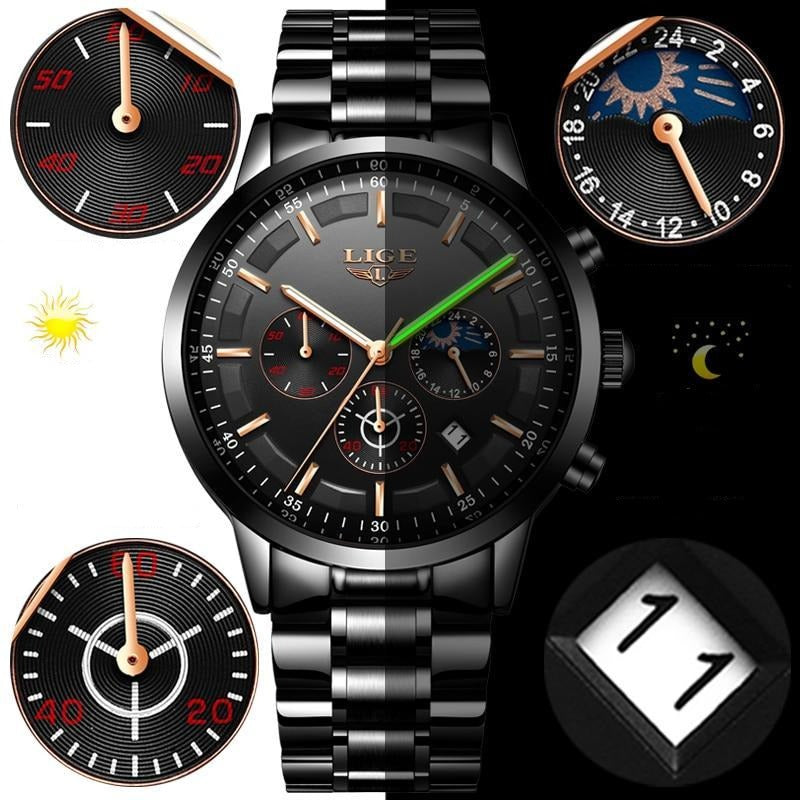 Military Black Steel Watch – Men's Stainless Steel Wristwatch with Day, Date & Night Display