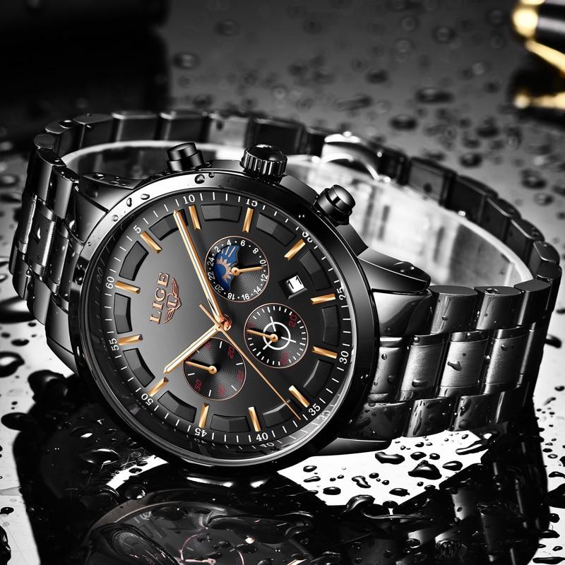 Military Black Steel Watch – Men's Stainless Steel Wristwatch with Day, Date & Night Display