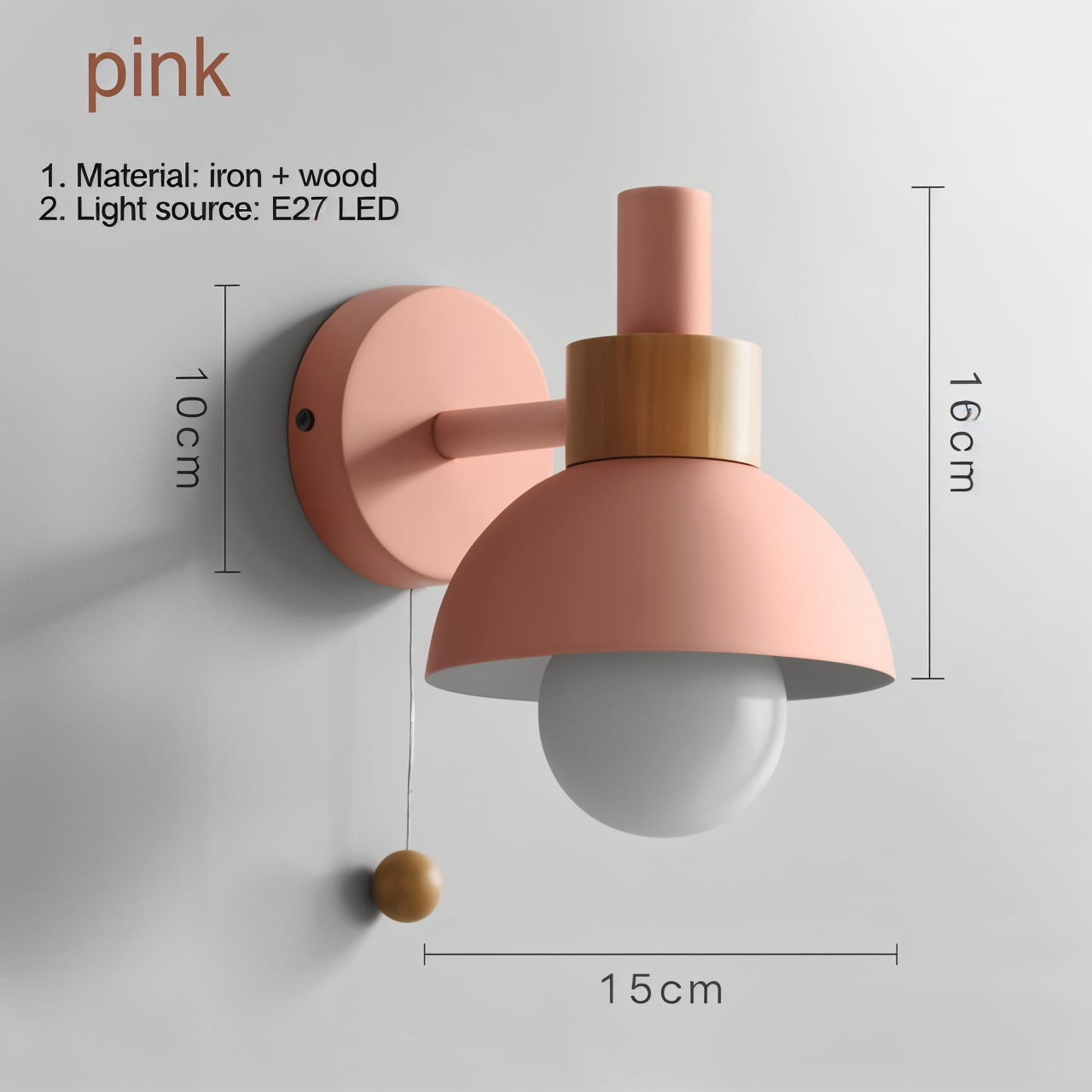 PastelPop Wall Light – Wooden & Iron Pastel Macaron Sconce with Pull Switch
