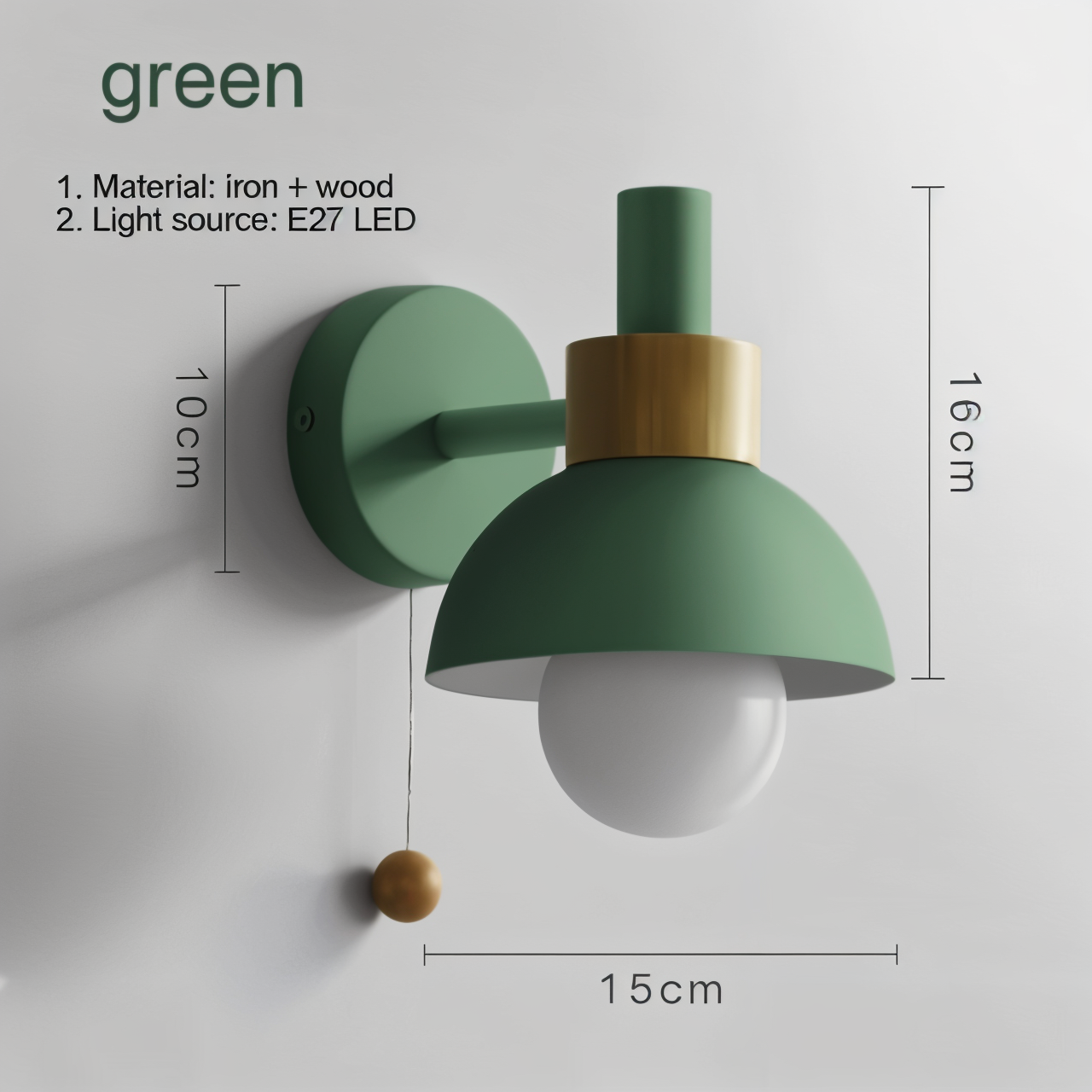 PastelPop Wall Light – Wooden & Iron Pastel Macaron Sconce with Pull Switch