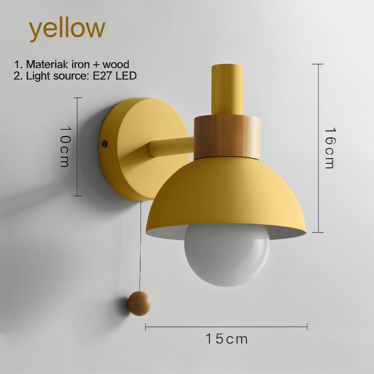 PastelPop Wall Light – Wooden & Iron Pastel Macaron Sconce with Pull Switch