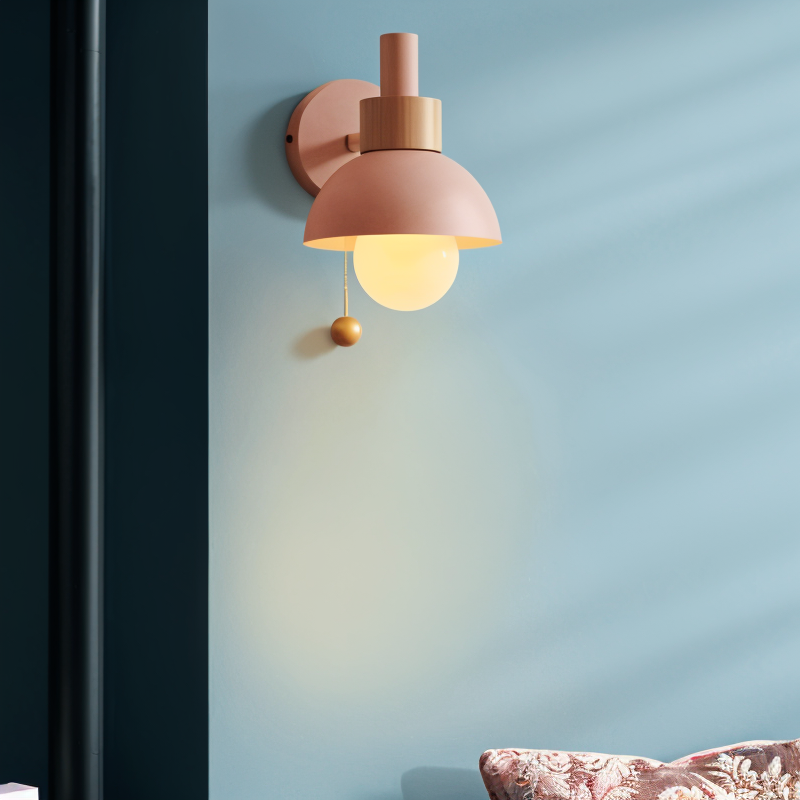 PastelPop Wall Light – Wooden & Iron Pastel Macaron Sconce with Pull Switch