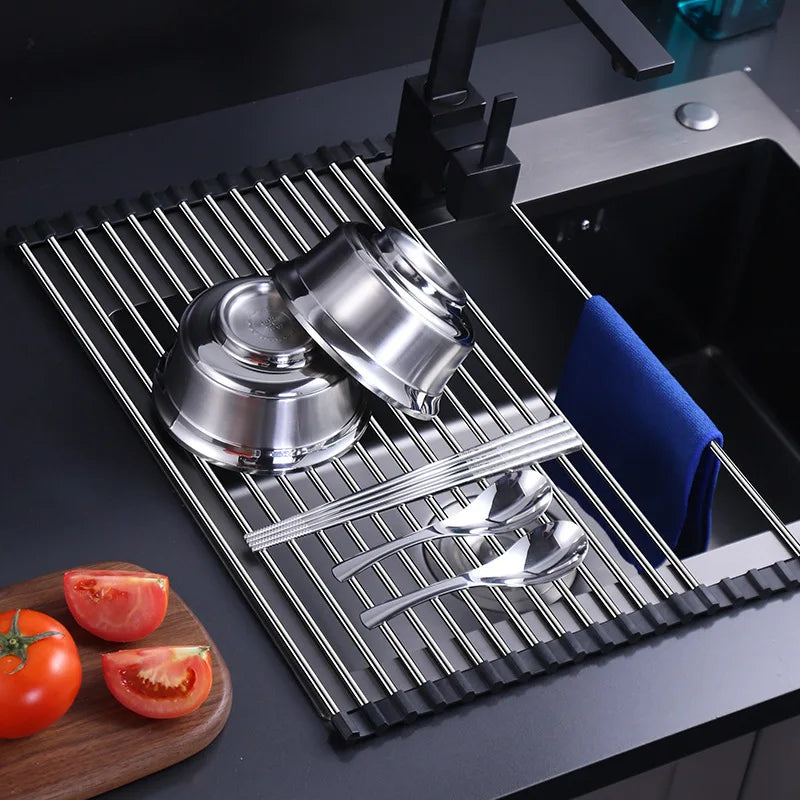 Stainless Steel Foldable Dish Drying Rack – Space-Saving Kitchen Sink Rack Drainer with Filter Roll