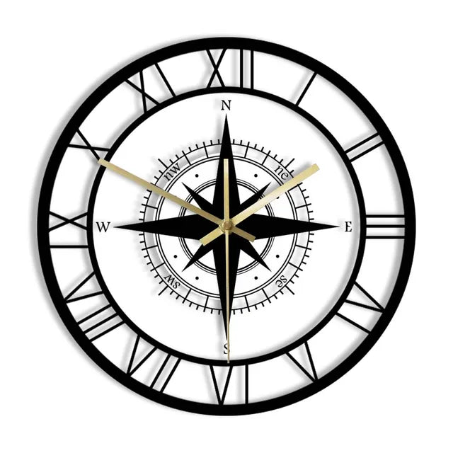 Decorative Silent Wall Clock with Acrylic Compass – Modern Nautical Design