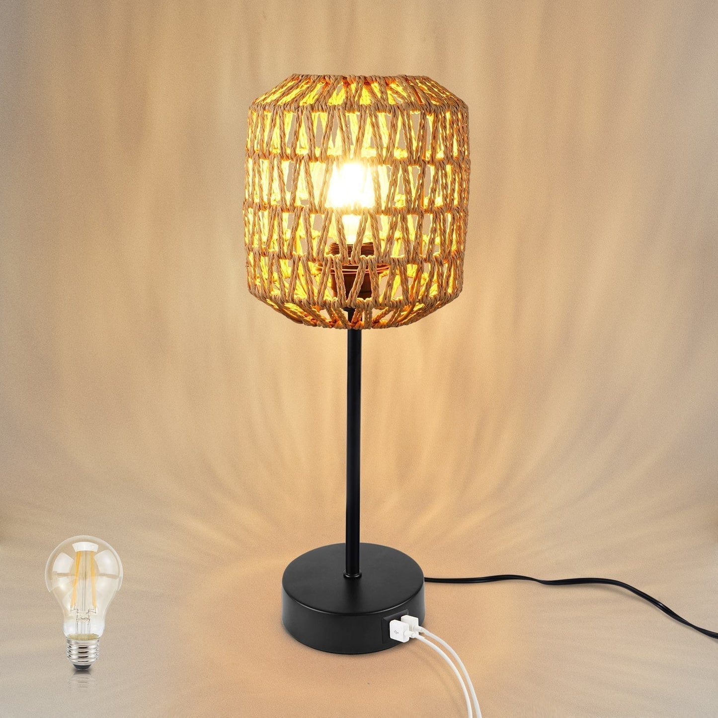 BohoBeam – 3-Way Dimmable Rattan Table Lamp with Touch Control & USB Port | Boho Chic Desk Light